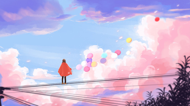 天空唯美云彩下少女牽著氣球