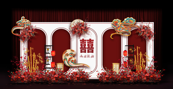 新中式合影區(qū)婚禮手繪效果圖