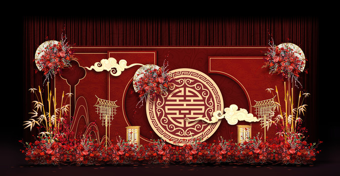 中式合影区婚礼手绘效果图