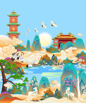 國潮山水仙景矢量插畫