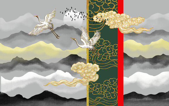 新中式國潮仙鶴山水背景墻