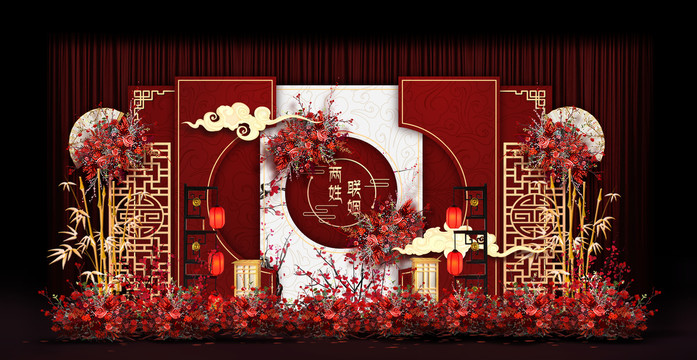 新中式合影區(qū)婚禮手繪效果圖