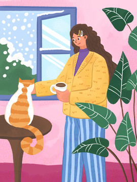 女生在家喝咖啡插畫