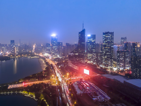 航拍安徽合肥天鹅湖CBD夜景