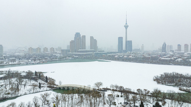 瑞雪中的天津城市美景航拍
