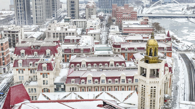 瑞雪中的天津城市美景航拍