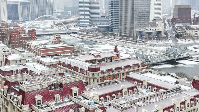 瑞雪中的天津城市美景航拍