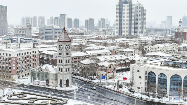 瑞雪中的天津城市美景航拍