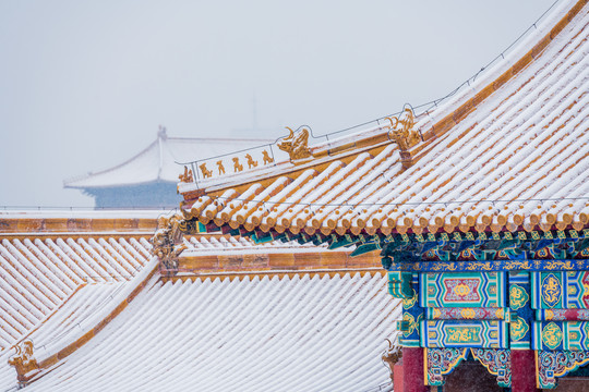 故宫古建筑屋顶雪景