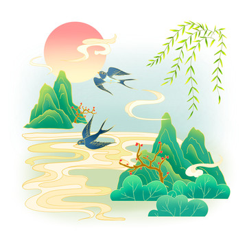 手繪卡通春天里的燕子原創(chuàng)插畫(huà)