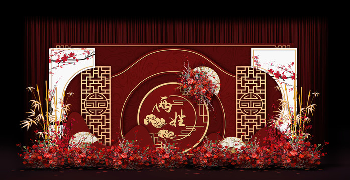 新中式合影區(qū)婚禮手繪效果圖