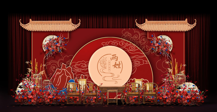 紅藍(lán)新中式婚禮手繪效果圖