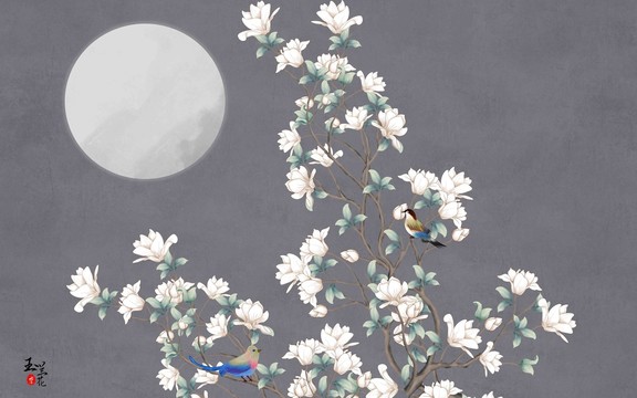 新中式花鳥電視背景墻