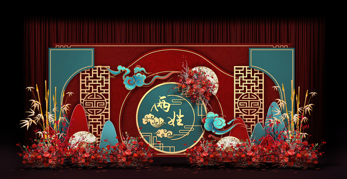紅藍(lán)新中式婚禮手繪效果圖