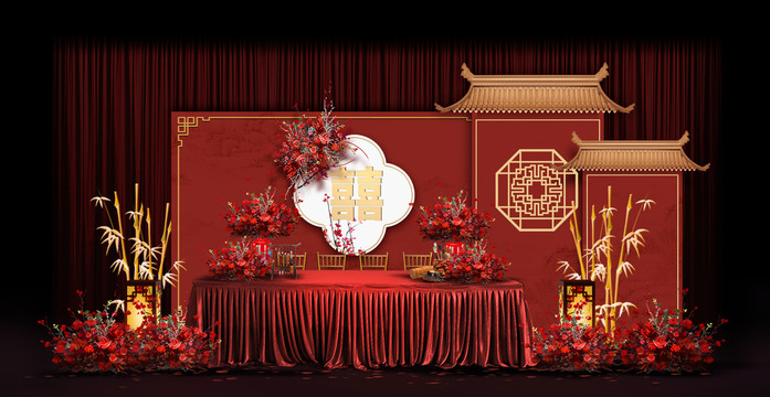 新中式签到台婚礼手绘效果图