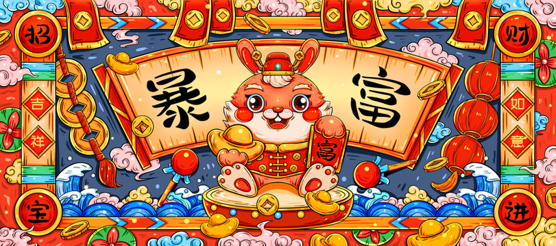 國潮兔年春節(jié)暴富招財進寶插畫