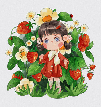 草莓果汁饮料水果女孩插画