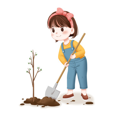 春天植树节种树的小女孩元素