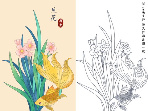 新中式兰花金鱼手绘插画线描