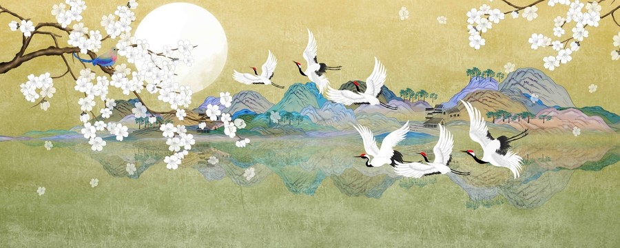 國潮山水花鳥插畫