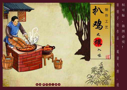 扒雞制作工藝插畫之煨入味