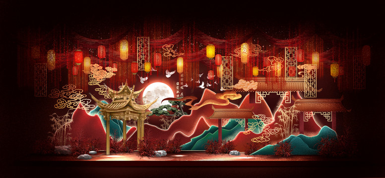 紅色純中式婚禮舞臺(tái)