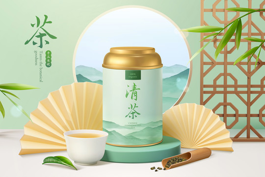 三维中国禅风茶叶广告 纸扇窗花背景