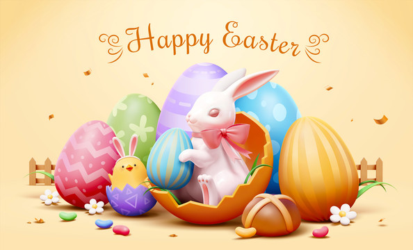可爱三维复活节兔子寻蛋活动横幅 黄色调