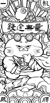 國潮招財貓線描