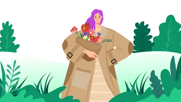 綠色背景女人手托鮮花插畫(huà)