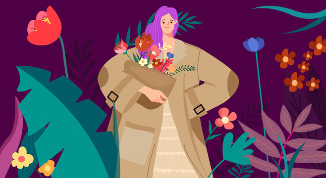 女人手捧鮮花插畫
