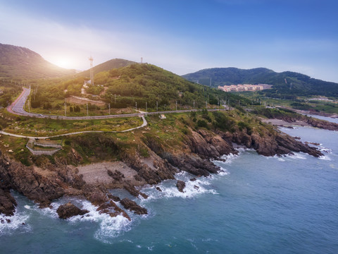 航拍户外环岛公路和海洋海景