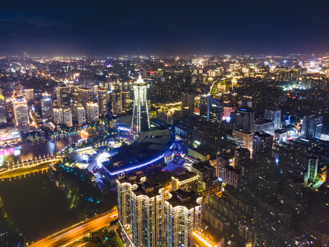 航拍杭州老城运河沿岸建筑夜景