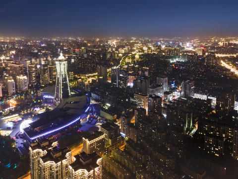 航拍杭州老城运河沿岸建筑夜景