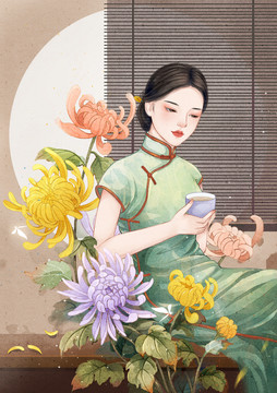 喝茶的旗袍女人插画