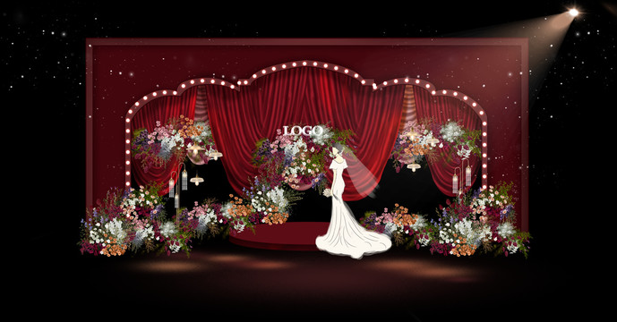 红色复古剧场风布幔婚礼效果图