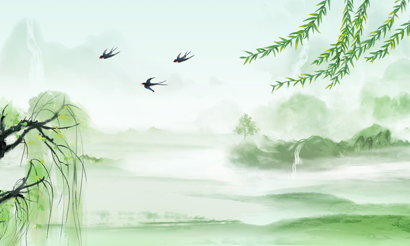 春分清明節(jié)山水畫