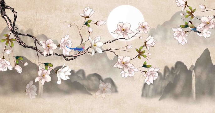 水墨山水花鳥背景