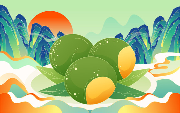 清明節(jié)國潮寒食節(jié)青團美食插畫