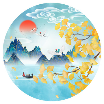 古風(fēng)銀杏山水畫