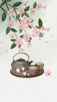 桃花树下喝茶