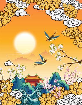 花鳥山水國潮插畫