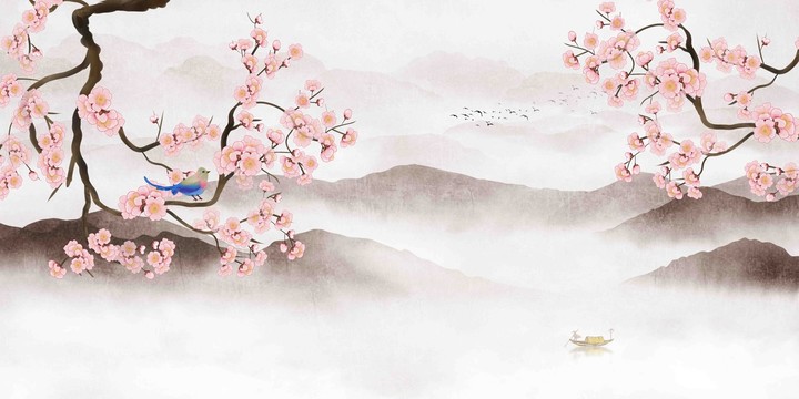 新中式花鳥山水壁畫