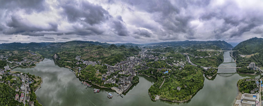 湖南湘西芙蓉镇全景图航拍