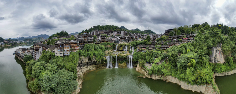 湖南湘西芙蓉镇全景图航拍