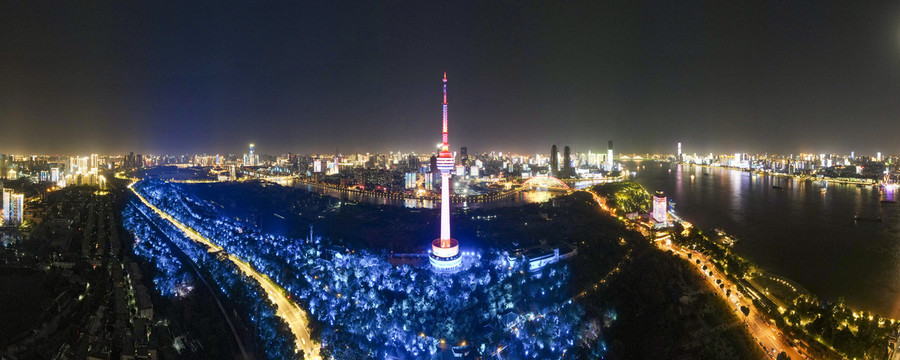 武汉城市夜景灯光全景图航拍
