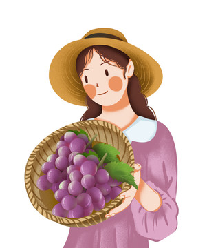 农家女孩抱着葡萄包装插画