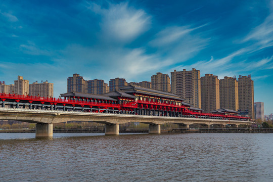 咸阳古渡廊桥渭河咸阳湖美景