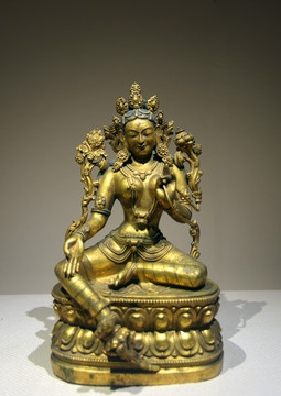藏传佛教近代绿度母铜像