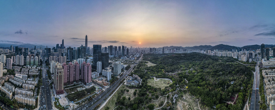 深圳城市日落晚霞全景图航拍